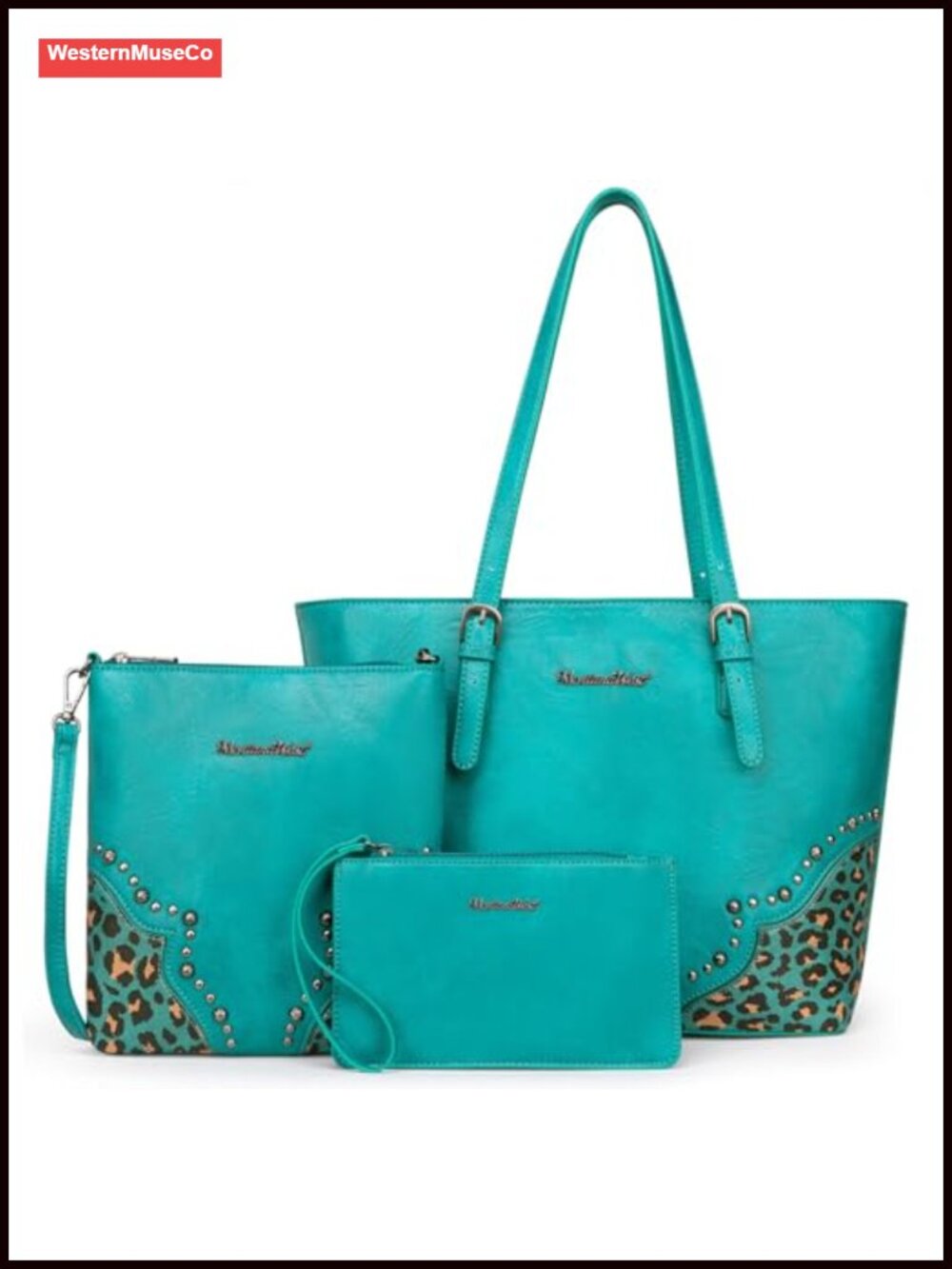 3 Piece Tote Bag Crossbody Satchel Wristlet Wallet Set Cheetah Studded Purse
